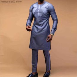 Men's Tracksuits African Men's Suit Solid Colour Stitching Shirt and Casual Pants 2 Piece Sets Men Outfit Wedding Business Elements Suits for Men T230714