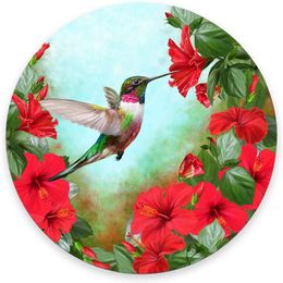 A Circle of Red Hibiscus and Green Foliage Round Mouse Pad Mouse Mat Waterproof Non-Slip Rubber Base MousePads 7.9x0.12 Inch