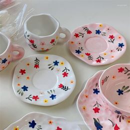 Dinnerware Sets Floral Pattern Ceramic Bowl Breakfast Oats Dessert Salad Snack Palte Coffee Cup With Handle And Base Home