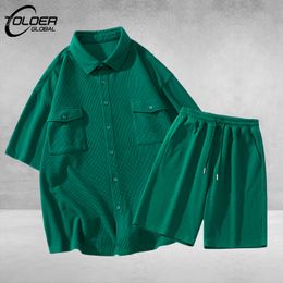 Men's Tracksuits Summer Green Short Sleeve Shirt Set Trend Loose Two Piece Fashion High Quality Versatile Comfortable Breathable Outfit 230714