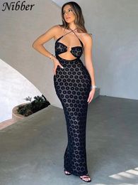 Urban Sexy Dresses Nibber Solid Color Hanging Neck Maxi Dress Hollow Women Perspective Bag Hips Robe Female Street Trendy Clothing 230714