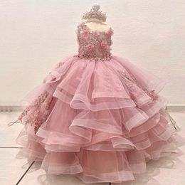 Pink O-Neck Flower Girls Dress Sleevelessprincess Ball Gown Applique Crystals Beads 3Dflower Tull Vestidos Para Ninas