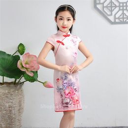 Summer Chinese Flower Print Silk Qipao Kids Baby Girls Traditional Princess Dress Cheongsam Short Sleeve Retro Vintage Vestido255W