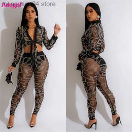 Women's Two Piece Pants Adogirl Diamonds Sheer Mesh Shirts + Pants Sexy Two Piece Set Women Long Sleeve Lace Up Crop Top High Waist Skinny Trousers Suit T230714