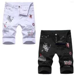 Men's Jeans Trendy Summer Luxury Distressed Print Pants With Korean Design Embroidery Elegant Slim-Fit White Black Denim Shorts