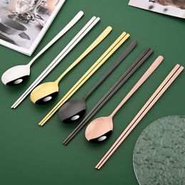 Dinnerware Sets 18/10 Korean Mirror Stainless Steel Chopsticks Spoon Set Long Handle Non-slip Dessert Spoons Cutlery