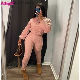 Women's Two Piece Pants Adogirl Braid Knitted Sweater Two Piece Set Highly Stretchy Anti-pilling Women Suits Long Sleeve Hooded Crop Top Pants Suits T230714