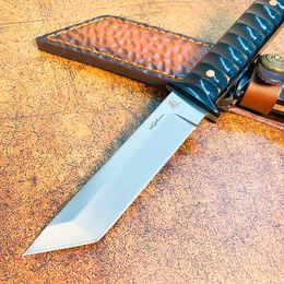 JUC7150 Outdoor Survival Straight Knife D2 Tanto Point Blade Full Tang Wood Handle Fixed Blade Knives with Leather Sheath