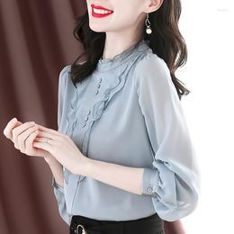 Women's Blouses 2023 Spring Women Elegant Ruffles Blouse Female O-neck Long Sleeve Office Shirt Ladies Casual Solid Single-Breasted Tops R65