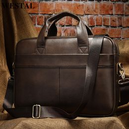 Briefcases WESTAL Mens Bag Genuine Leather Men Briefcase for Laptop 14 Messenger Business Portfolio Document A4 7022 230713