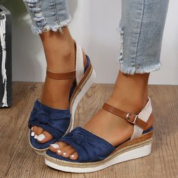 Sandals Thick Platform Solid Women Casual Wedges Sandals Open Toe Buckle Women Summer Beach Sandals with Bow Sandalias Mujer Verano 230714