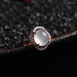 Cluster Rings Original Design Natural Seed Chalcedony Small Egg Face Diamond Rose Gold Elegant Charm Female Opening Adjustable Ring