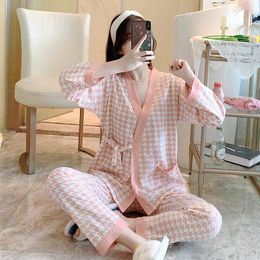 Women's Sleepwear Pink Print Houndstooth Pyjamas Sets 2PCS Sexy Cardigan Kimono Robe Gown Pyjamas Suit With Bathrobe Casual Home