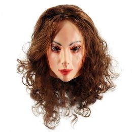 Party Masks Realistic Female Latex Mask Woman Face Halloween with Wig Lady Crossdressing Sissy Transgender Costume 230713