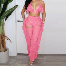 Women's Two Piece Pants Sexy Tassel Set Women Crochet Knitted Swimwear Cover Up Bandage Push Bra And Hollow Out Beach SC017