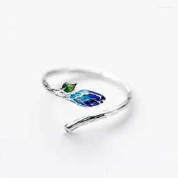 Cluster Rings MloveAcc Vintage Blue Leaf Adjustable Opening Ring Real 925 Sterling Silver Fashion Jewelry For Women Party Ethnic Artsy Gift