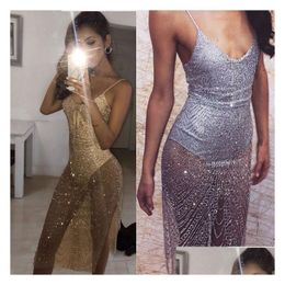 Basic Casual Dresses Summer Women Y Night Club Rhinestone Dress V Neck Mesh See Though Sleeveless Mini Drop Delivery Apparel Women Dhlzo