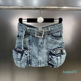 Skirts Vintage Pocket Patchwork Cargo Denim Skirt Women's High Waist Belt Designer Wrap Hip Female 2023 Summer