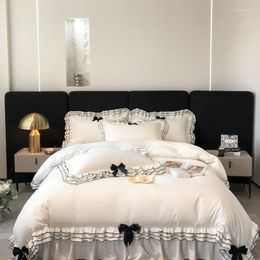 Bedding Sets Simple Sweet Princess Style Set Ultra Soft Comfortable Bow Decoration Ruffle Edge Duvet Cover Bed Sheet Pillowcases 4Pcs