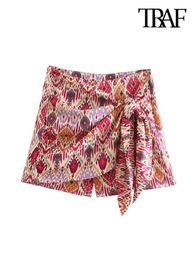 Women's Shorts TRAF Women Fashion With Knotted Totem Print Skirts Vintage High Waist Side Zipper Female Mujer 230713