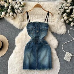 Casual Dresses Korean Women Spaghetti Strap Dress Sexy Vintage Slim Sleeveless Lace Up Vestidos Girl Mini Denim