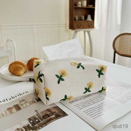 Tissue Boxes Napkins Korean Style Small Daisy Embroidery Tissue Box Linen Napkin Paper Holder Storage Case Living Room Dining Table Decoration R230714