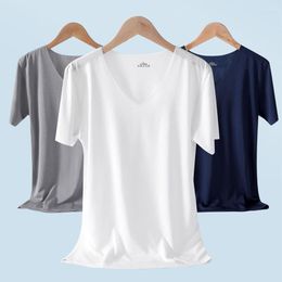 Men's Tank Tops 5XL Men Summer Ice Silk Shirt Short Sleeves Seamless V Neck Top Solid Colour Ultra-thin Cool Sport T-shirt Undershirt Plus