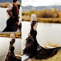 Hollow Beach Classic Lace Black Gothic Mermaid Wedding Dresses 2019 Long Sleeve Backless Custom Made Bridal Gown Chapel Train Roma288a