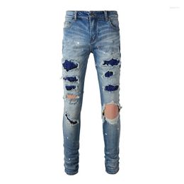 Men's Jeans Arrival Distressed Light Indigo Streetwear Ripped Skinny Damaged Holes With Rhinestone Stretch Destroyed Slim