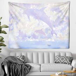 Tapestries Dome Cameras Cartoon Comics The sky Dolphin Tapestry Wall Hanging PinkPurple Cloud Tapestries Bedroom Wall Decor Kawaii Room Decor R230714