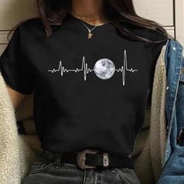 Women's TShirt Moon Black Tshirt Casual Round Neck Lunar Eclipse Printed 230713