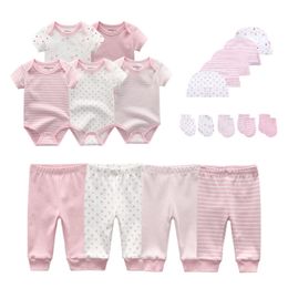 Clothing Sets 2023 Cotton Solid born Baby Unisex Bodysuits Pants Hats Gloves Girl Boy Clothes Short Sleeve Roupas de bebe 230713
