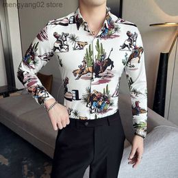 Men's Casual Shirts Fashion Cowboy Printed Long Sleeve Men Shirts Korean Style Slim Fit Social Chemise Homme Vintage Buttons Up Male Clothes 6XL-M T230714