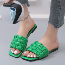 Slippers Green Weaving Soft Outdoor Slippers for Women Square Toe Flat Sandals Woman Plus Size 43 Summer Beach Flip Flops Women 230713