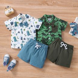 Tshirts 2Pcs Boys Summer Outfit Dinosaur Print ShirtNeck Buttons Short Sleeve Shirt Casual Shorts Set for Kids 14 Years 230713
