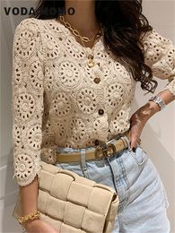 Women's T Shirt Spring Lace Sweet Korean Lady Chic Blouses Tops Hollow Out Full Sleeves Hook Flowers Stylish Cardigans Vintage Women 230714