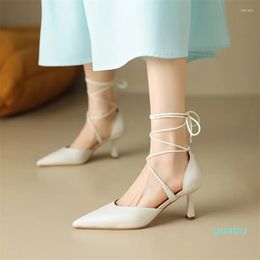 Dress Shoes LeShion Of Genuine Leather Thin High Heels Woman Beige Nude With String Twined Black Suede Pumps Women