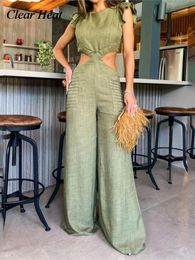 Women s Jumpsuits Romper Ruffle Hollow Out Jumpsuit Fashion Solid Round Neck Short Sleeve Open Waist Wide Leg Set Loose Bodysuit 230713