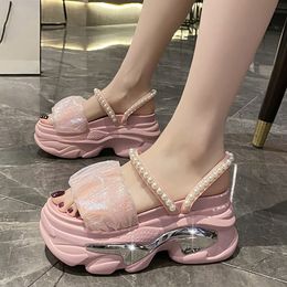 Sandals Rimocy Women's Pearl Strap Chunky Sandals Summer Thick Bottom Wedge Slippers Woman Fashion Pink Lace Platform Sandals Mujer 230714