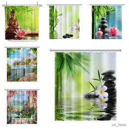 Shower Curtains Rural Landscape Shower Curtain Creek Stone Lotus Buddha Bath Curtain Natural Scenery Waterproof Bathroom Home Decor with