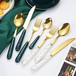 Dinnerware Sets Nordic Style Stainless Steel Western Knife Fork Spoon Marble Pattern Ceramic Handle Tableware Golden Dinner Set