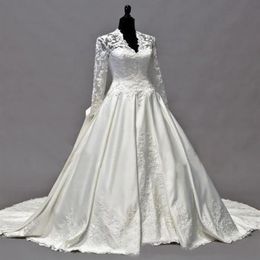 Vintage Kate Middleton Long Sleeves Fall Wedding Dresses A-Line V-Neck Ivory Taffeta Appliques Peplum Bridal Gowns robes de ma171G