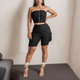 Women's Tracksuits Cargo Plain Tube Top Shorts 2 Piece Set Pocket Elastic Skinny Casual Female Biker Sports Cycling Suit