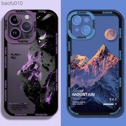 INS Purple Blue Sunset Snow Mountain Phone Case For iPhone 14 13 12 11 Pro Max XR X XS Natural scenery Shockproof Bumper Cover L230619