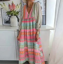 Urban Sexy Dresses Boho Y2k Long Dress In Women Geometric Colour Block Boho Summer Loose V-neck Dresses Folds Beach Sexy Vacation Vestido 230713