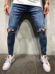 Men's Jeans Men Ripped Pants Biker Skinny Slim Straight Frayed Denim Trousers 2023 Fashion Pant Leg Long Zipper Streetwear