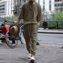 Men's Tracksuits Fashion Loose V Neck Sweater Two Piece Set Men Spring Summer Casual Solid Short Sleeve Knit Tops And Pants Suits Mens