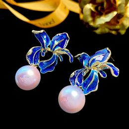 Charm Blue Exaggerated Flower Pearl Earrings Light Luxury Fashionable and Creative Design Highend Oil Dripping Large Petal Silver Needle Earrings 230630