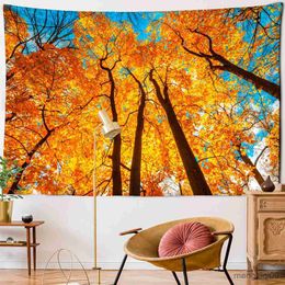 Tapestries Dome Cameras Red Maple Forest Tapestry 3D Autumn Tree Scene Wall Hanging Bohemian Style Pigeon Tree Scene Home Decor R230714