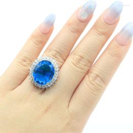 Cluster Rings 26x23mm Eye Catching Big Gemstone Swiss Blue Topaz CZ Women Dating Silver